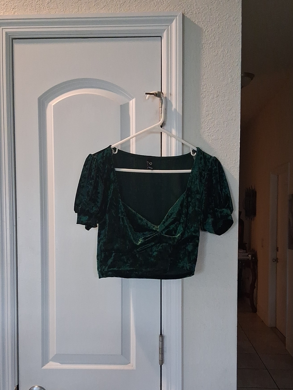 Windsor Dark Green Velvet Puff-Sleeve Crop Top